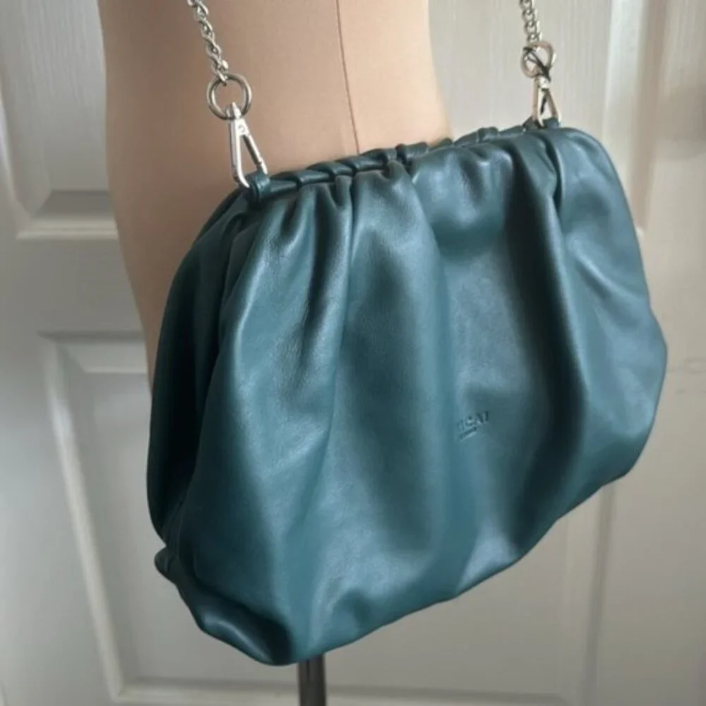 Unica! Firenze Leather Blue Teal Crossbody Convertible Pleated Handbag Clutch